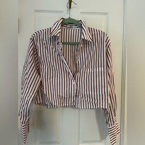 Mango Red and White Striped Cropped Shirt